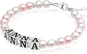 Custom Name Charm Bracelet, Sterling Silver Jewelry Personalized Baby Girl Gift, Alphabet Beads Pearl Bracelets for Girls, Baby Shower, Baptism Gifts for a Birthday Girl