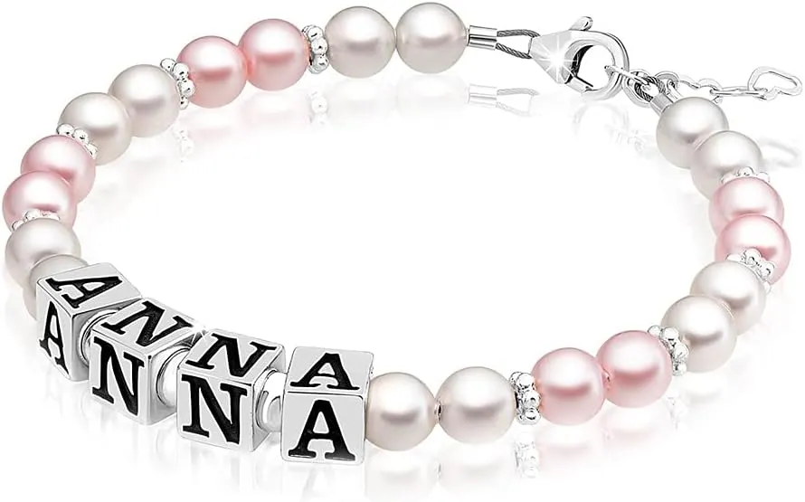 Custom Name Charm Bracelet, Sterling Silver Jewelry Personalized Baby Girl Gift, Alphabet Beads Pearl Bracelets for Girls, Baby Shower, Baptism Gifts for a Birthday Girl