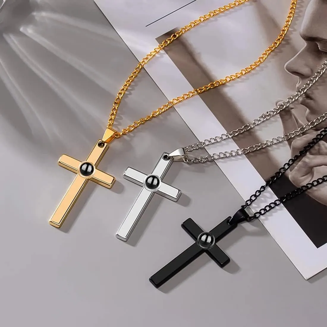 Custom Photo Projection Cross Necklace for Men Personalized with Picture Inside I Love You Necklace 100 Languages Sterling Silver Pendant Necklace for Men