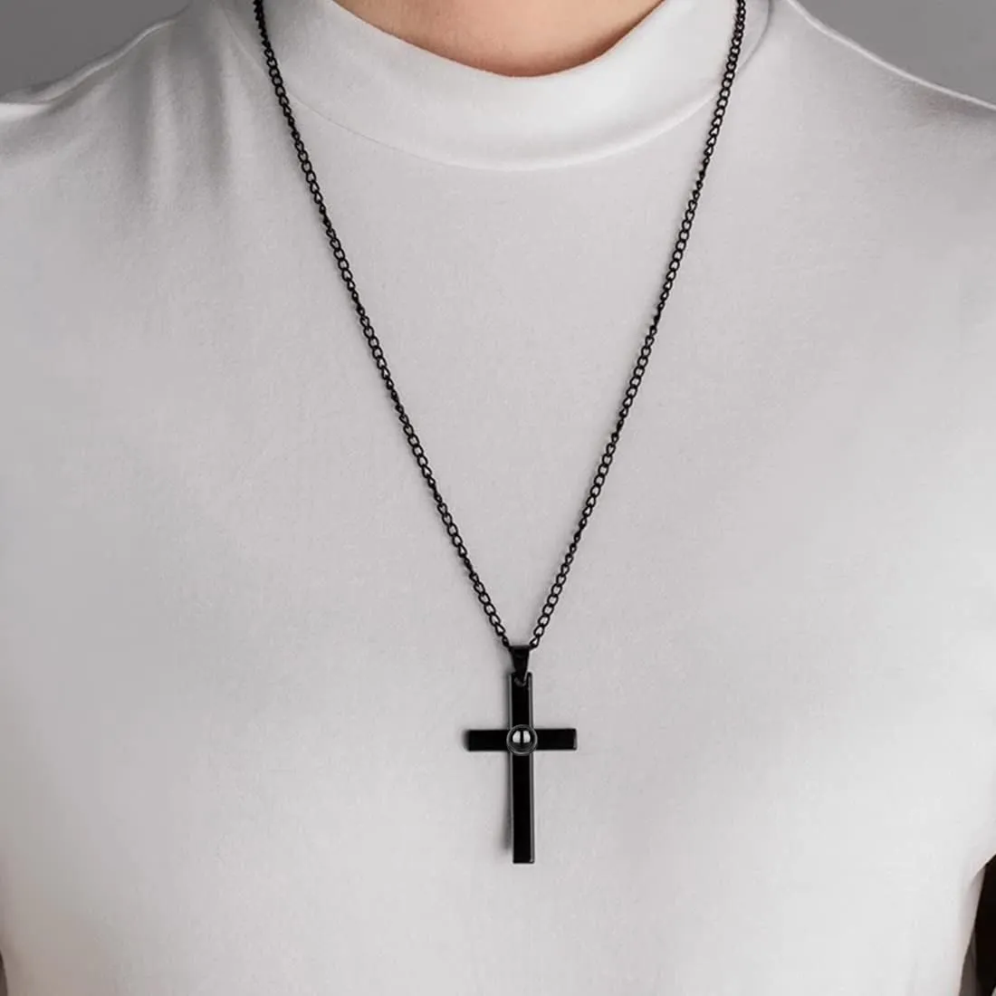 Custom Photo Projection Cross Necklace for Men Personalized with Picture Inside I Love You Necklace 100 Languages Sterling Silver Pendant Necklace for Men