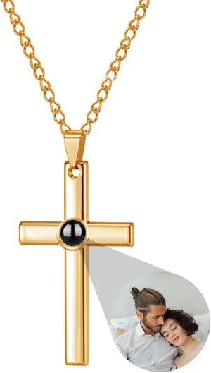 Custom Photo Projection Cross Necklace for Men Personalized with Picture Inside I Love You Necklace 100 Languages Sterling Silver Pendant Necklace for Men