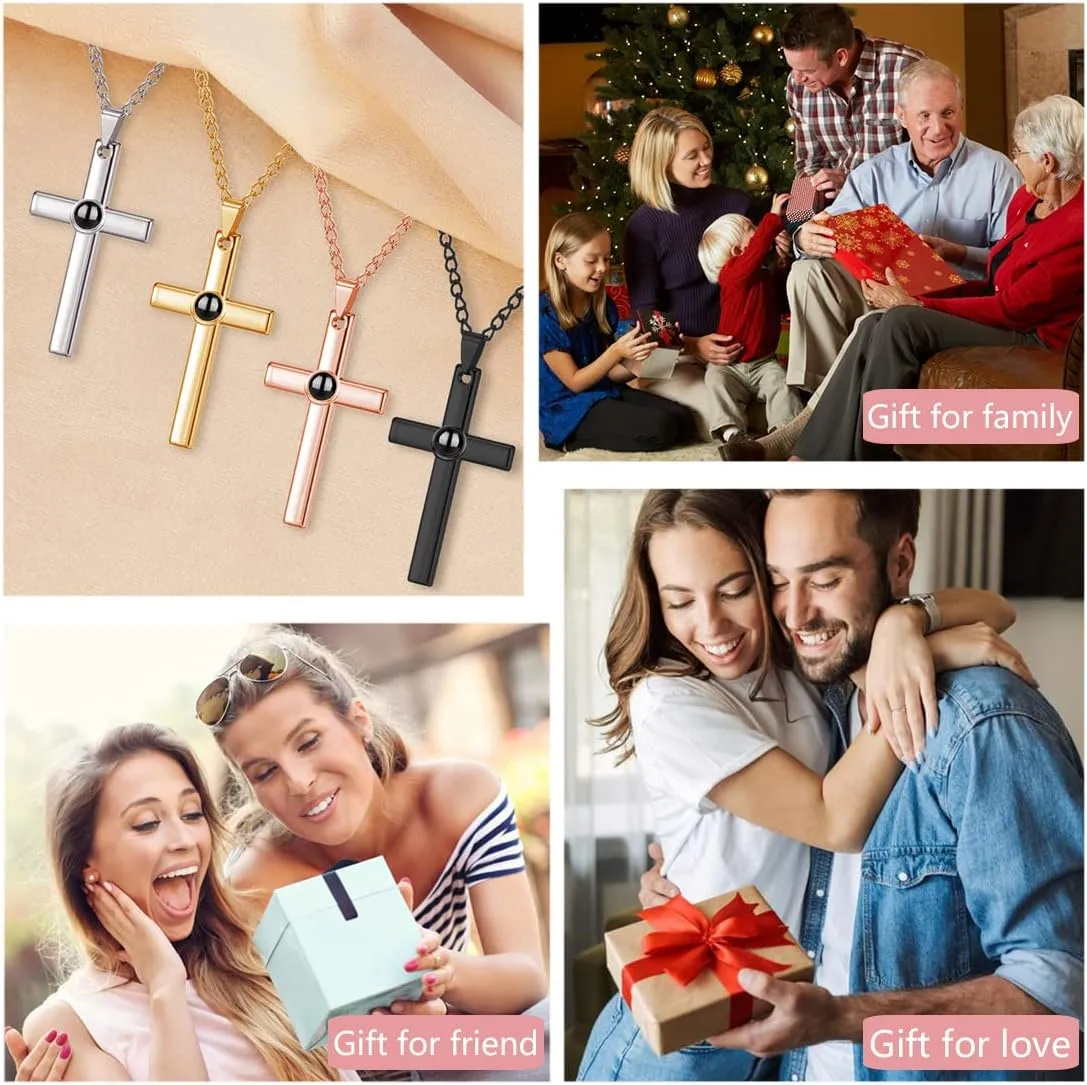 Custom Photo Projection Cross Necklace for Men Personalized with Picture Inside I Love You Necklace 100 Languages Sterling Silver Pendant Necklace for Men
