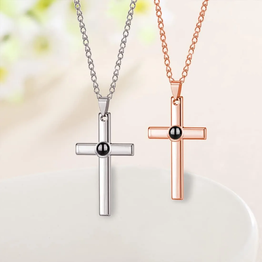 Custom Photo Projection Cross Necklace for Men Personalized with Picture Inside I Love You Necklace 100 Languages Sterling Silver Pendant Necklace for Men