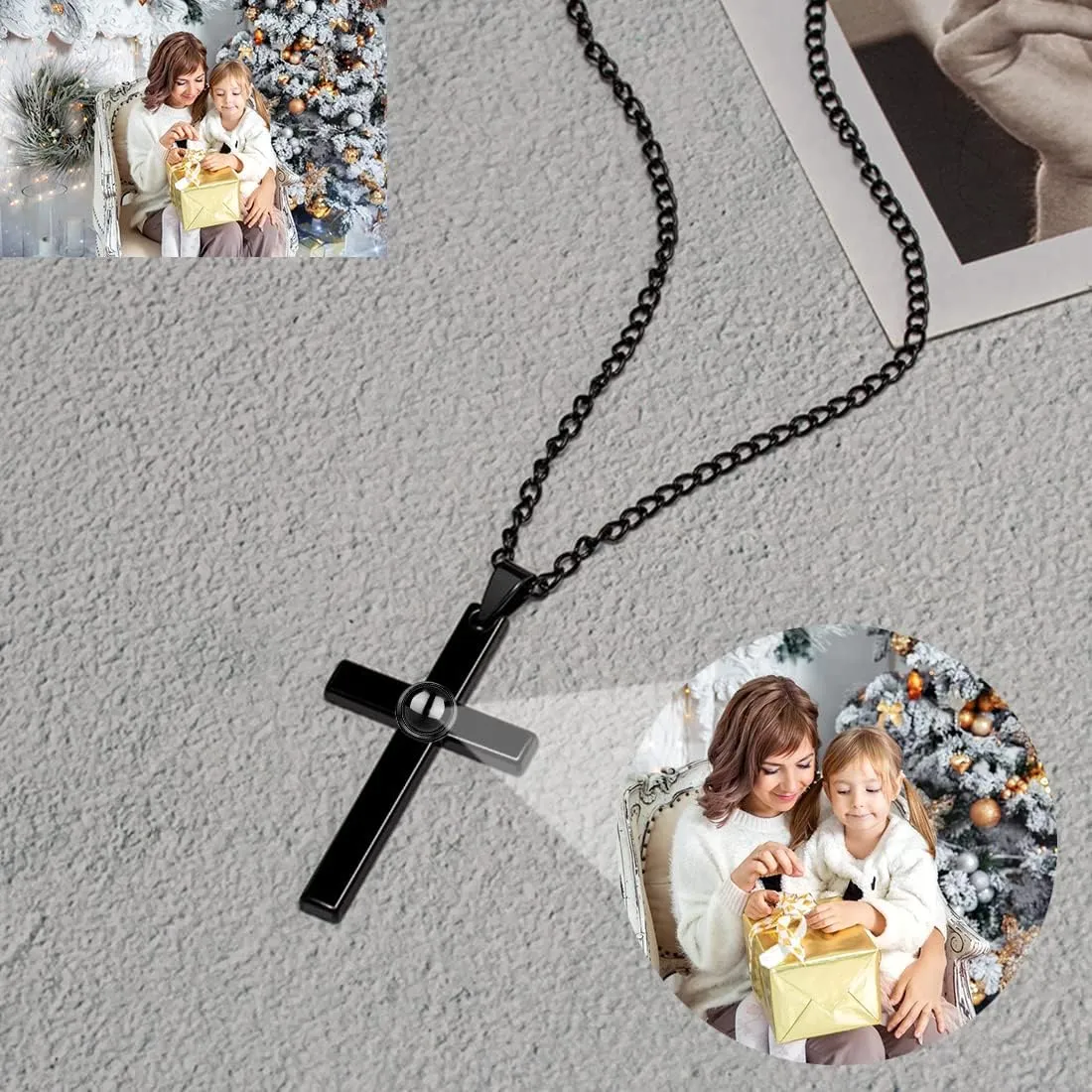Custom Photo Projection Cross Necklace for Men Personalized with Picture Inside I Love You Necklace 100 Languages Sterling Silver Pendant Necklace for Men