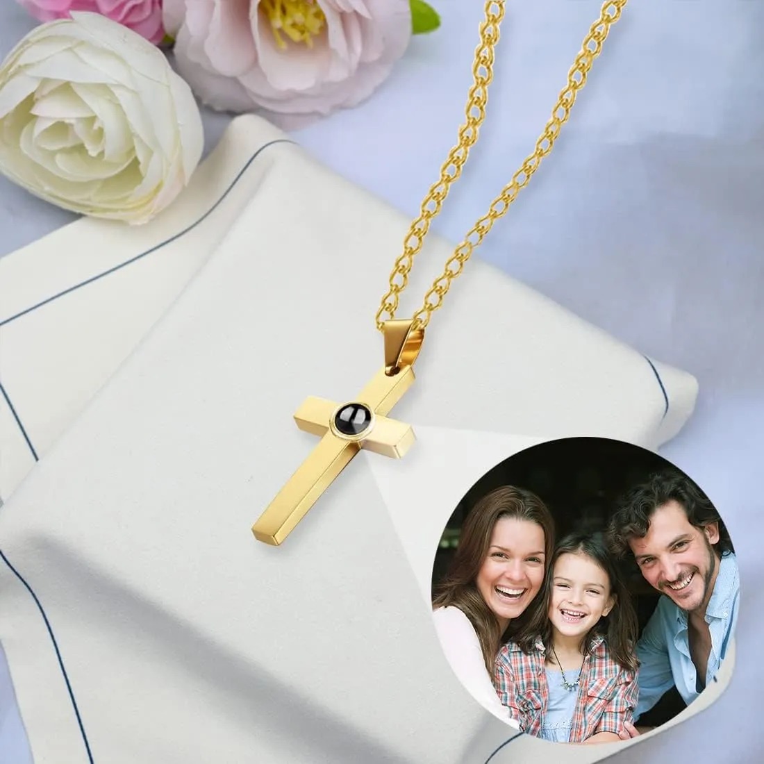 Custom Photo Projection Cross Necklace for Men Personalized with Picture Inside I Love You Necklace 100 Languages Sterling Silver Pendant Necklace for Men
