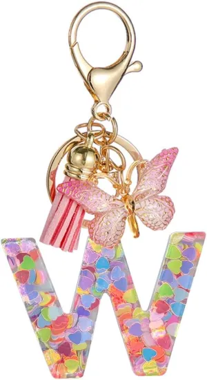 Cute Alphabet Initial Letter Keychains Tassel Butterfly Pendant Key Ring for Women Girls Gifts Purse Handbags