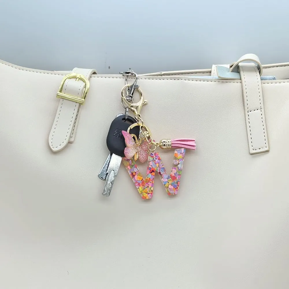 Cute Alphabet Initial Letter Keychains Tassel Butterfly Pendant Key Ring for Women Girls Gifts Purse Handbags