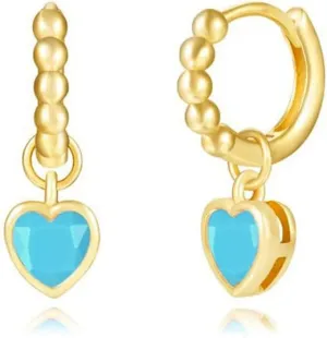Cute Blue Turquoise Heart Love Charm Cartilage Small Huggie Hoop Earrings for Women Minimalist 925 Sterling Silver Post Gold Plated Cuff Sleeper Hoops Dainty Hypoallergenic Fashion Jewelry Gifts for Her