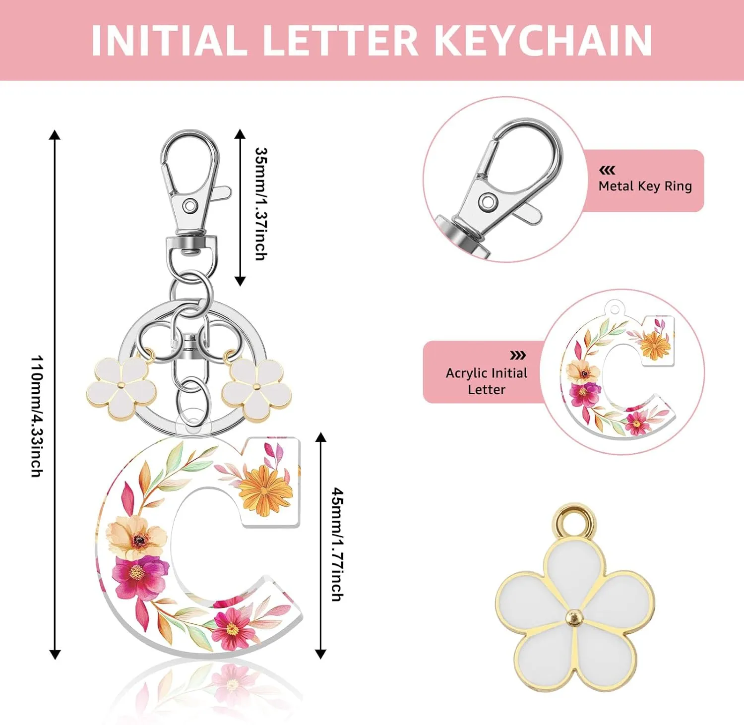Cute Flower keychains for Women Initial Monogram A-Z Keychains Flower Keychain Accessories for Backpack Car Keys