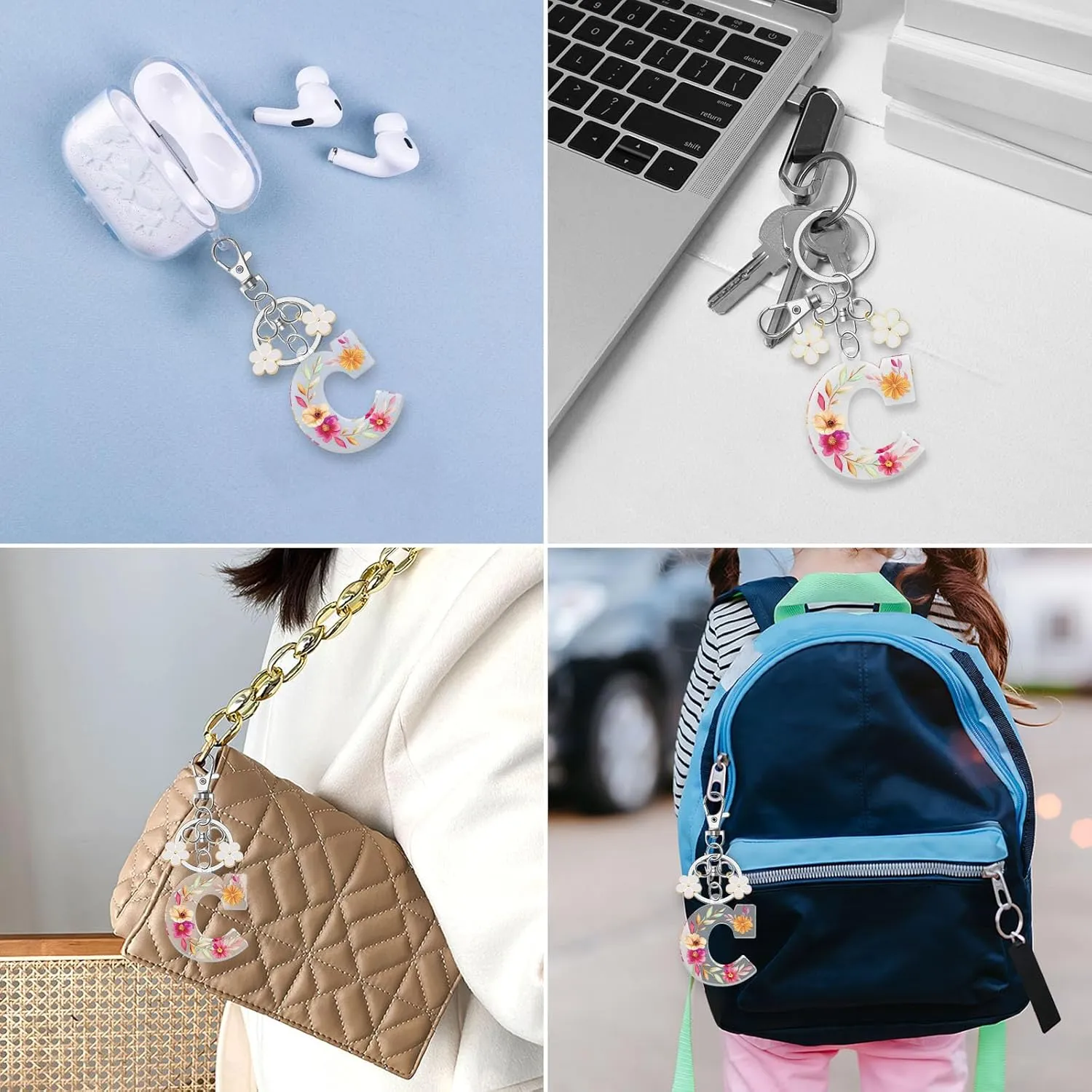 Cute Flower keychains for Women Initial Monogram A-Z Keychains Flower Keychain Accessories for Backpack Car Keys