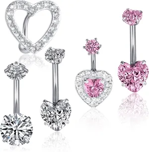 Cute Pink Heart Belly Button Ring Surgical Stainless Steel Rings 14G Dangling Belly Ring Pack for Women Navel Piercing Jewelry