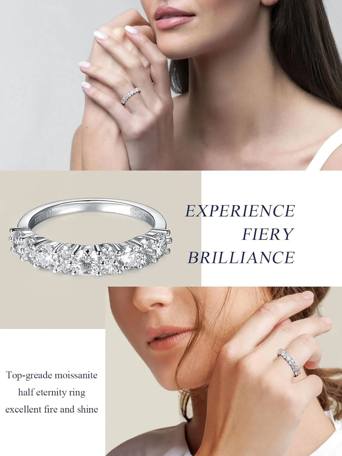 D Color VVS1 Clarity Moissanite Hand Setting Eternity Rings for Women, Solid 925 Sterling Silver Rhodium Finish, Stackable Ring, Wedding Birthday Valentines Anniversary Mothers Day Ideal Gift for Her