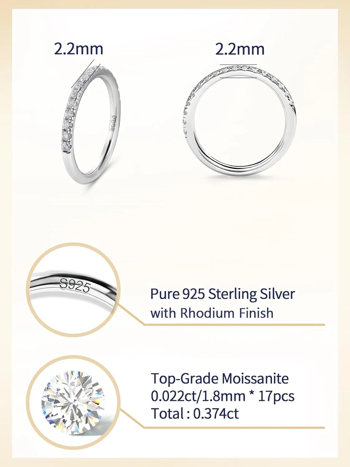 D Color VVS1 Clarity Moissanite Hand Setting Eternity Rings for Women, Solid 925 Sterling Silver Rhodium Finish, Stackable Ring, Wedding Birthday Valentines Anniversary Mothers Day Ideal Gift for Her