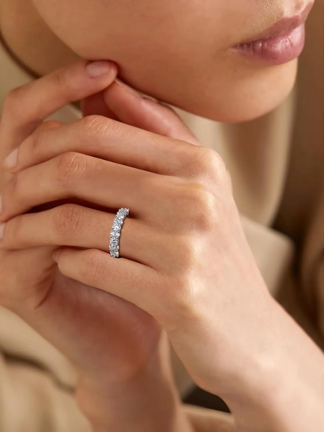 D Color VVS1 Clarity Moissanite Hand Setting Eternity Rings for Women, Solid 925 Sterling Silver Rhodium Finish, Stackable Ring, Wedding Birthday Valentines Anniversary Mothers Day Ideal Gift for Her