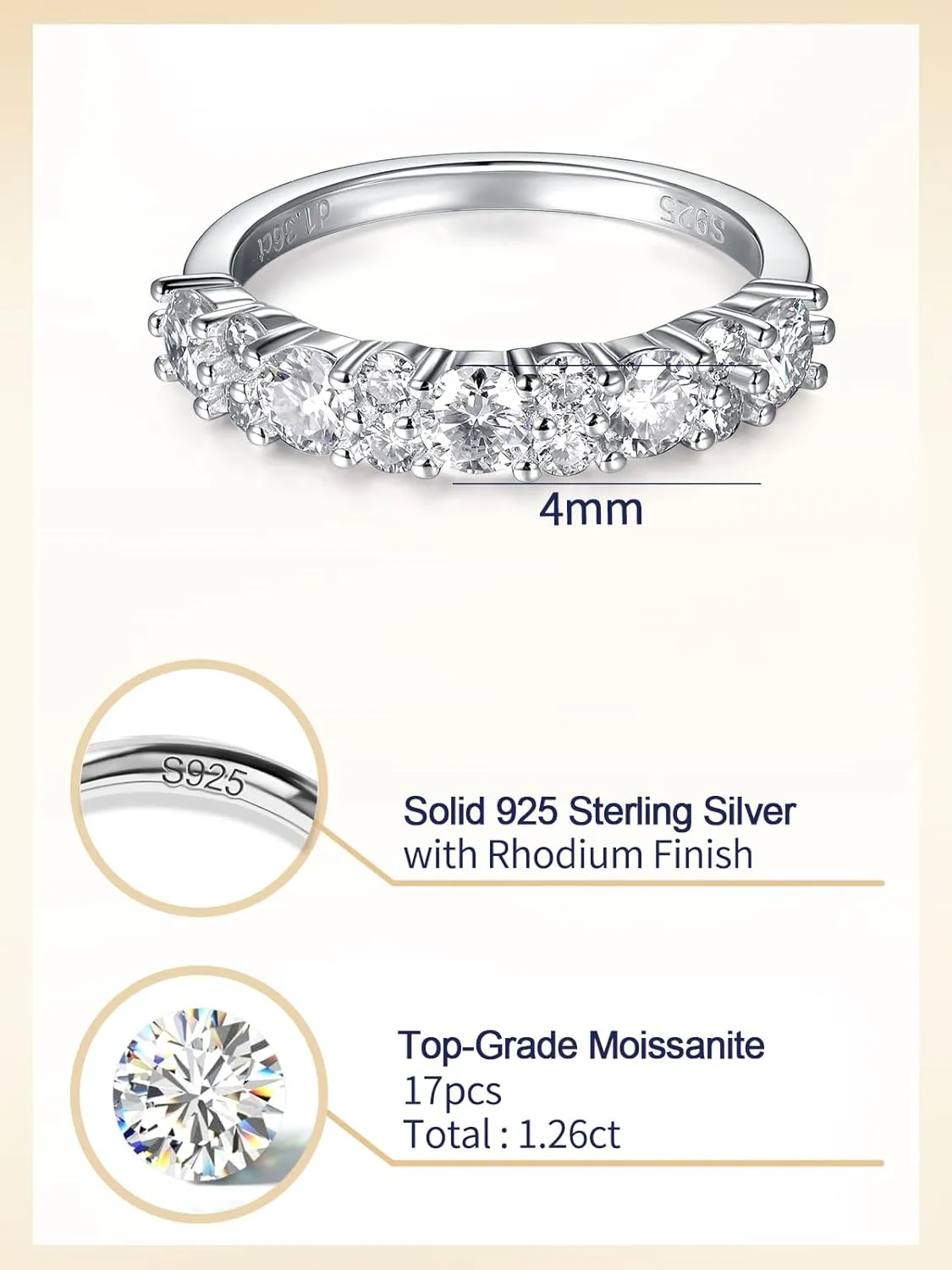 D Color VVS1 Clarity Moissanite Hand Setting Eternity Rings for Women, Solid 925 Sterling Silver Rhodium Finish, Stackable Ring, Wedding Birthday Valentines Anniversary Mothers Day Ideal Gift for Her