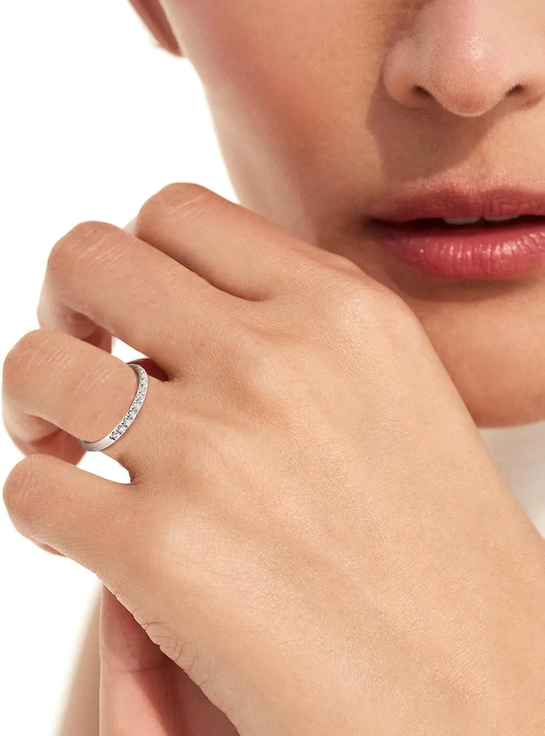 D Color VVS1 Clarity Moissanite Hand Setting Eternity Rings for Women, Solid 925 Sterling Silver Rhodium Finish, Stackable Ring, Wedding Birthday Valentines Anniversary Mothers Day Ideal Gift for Her