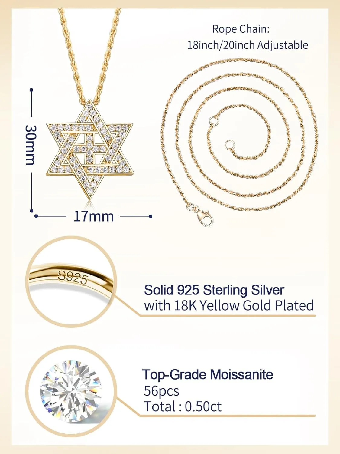 D Color VVS1 Clarity Moissanite Jewish Star of David Pendant Necklace for Women Men, Really Authentic Solid 925 Sterling Silver, 16"/18"/20" Adjustable, Israel Necklace