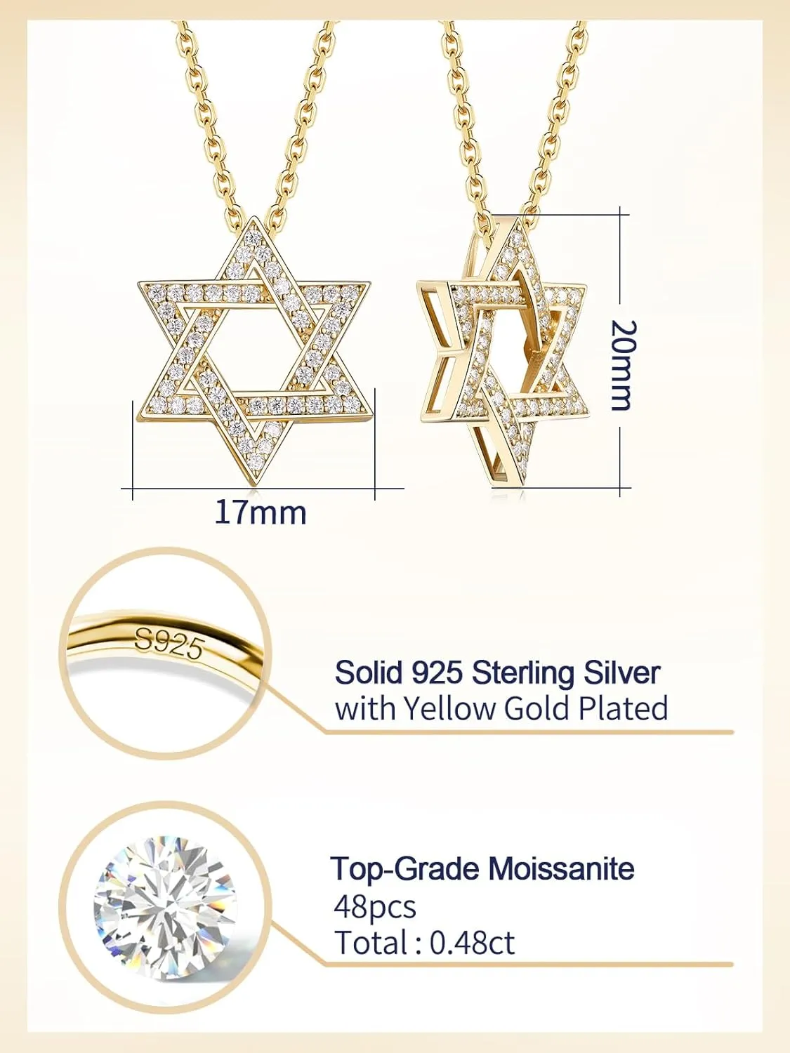 D Color VVS1 Clarity Moissanite Jewish Star of David Pendant Necklace for Women Men, Really Authentic Solid 925 Sterling Silver, 16"/18"/20" Adjustable, Israel Necklace