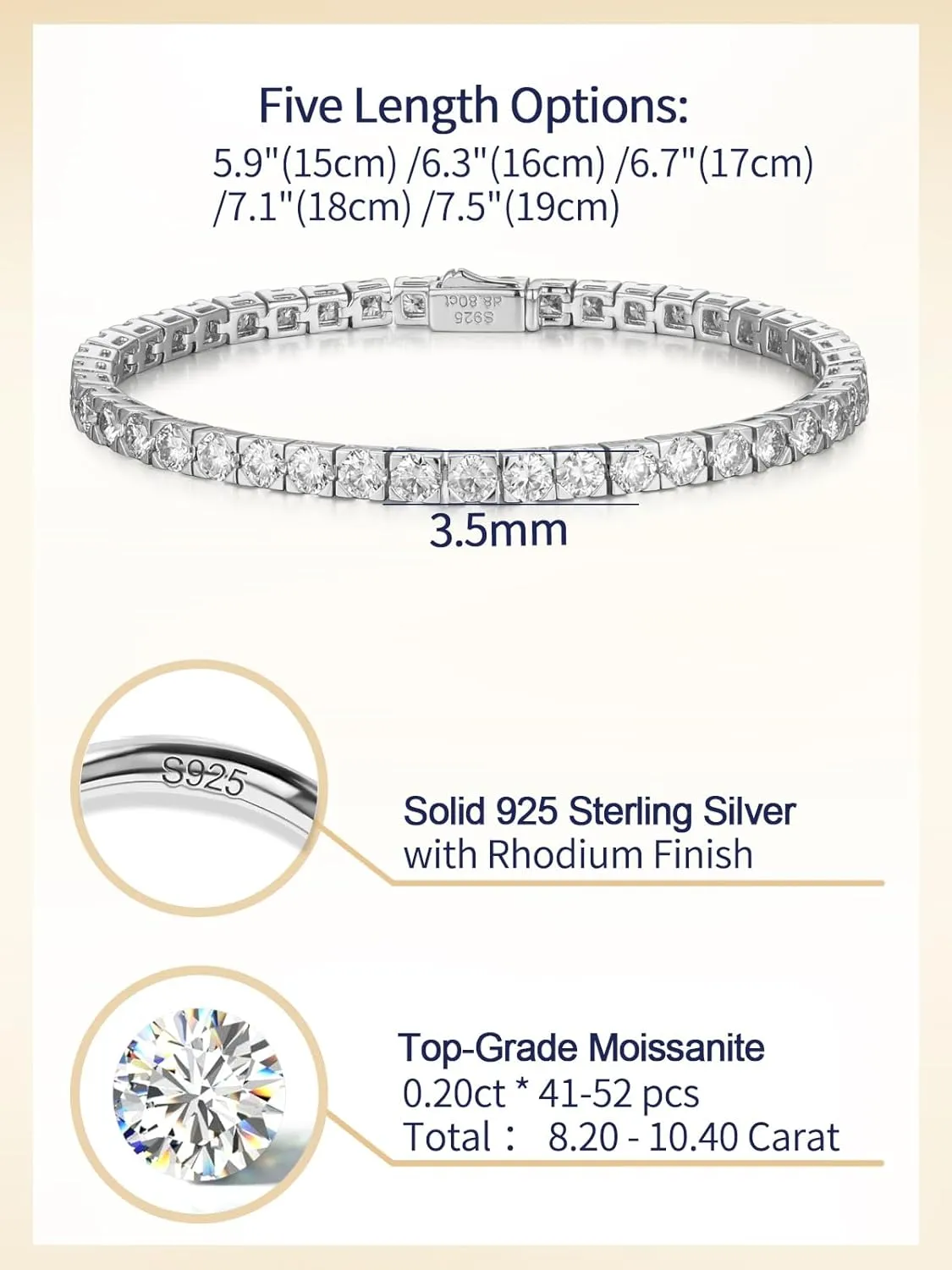 D Color VVS1 Clarity Moissanite Tennis Bracelet for Women, Really Authentic Solid 925 Sterling Silver, 5.5-7.5inch (14-19cm), Birthday Anniversary Valentines Mothers Day Ideal Gift for Her
