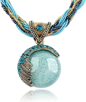 Daily Wear Retro Vintage Bohemian Style Statement Beaded Weave Rope Chain Rhinestone Turquoise Pendant Collar Necklace Fashion Jewelry for Women Lady