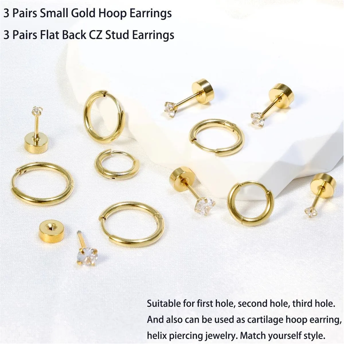 Dainty 6 Pairs Surgical Steel Earrings Sets for Multiple Piercing, Lightweight 14K Gold Plated Small Huggie Hoop Earrings, Flat Back Tiny Ball CZ Stud Earrings for Cartilage, Helix, Lobe, Hypoallergenic