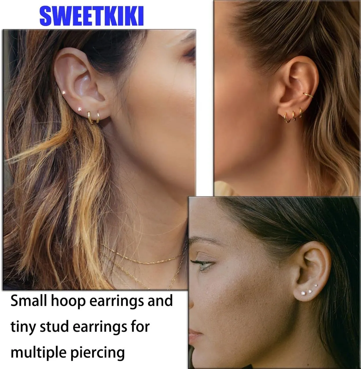 Dainty 6 Pairs Surgical Steel Earrings Sets for Multiple Piercing, Lightweight 14K Gold Plated Small Huggie Hoop Earrings, Flat Back Tiny Ball CZ Stud Earrings for Cartilage, Helix, Lobe, Hypoallergenic
