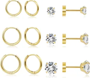 Dainty 6 Pairs Surgical Steel Earrings Sets for Multiple Piercing, Lightweight 14K Gold Plated Small Huggie Hoop Earrings, Flat Back Tiny Ball CZ Stud Earrings for Cartilage, Helix, Lobe, Hypoallergenic
