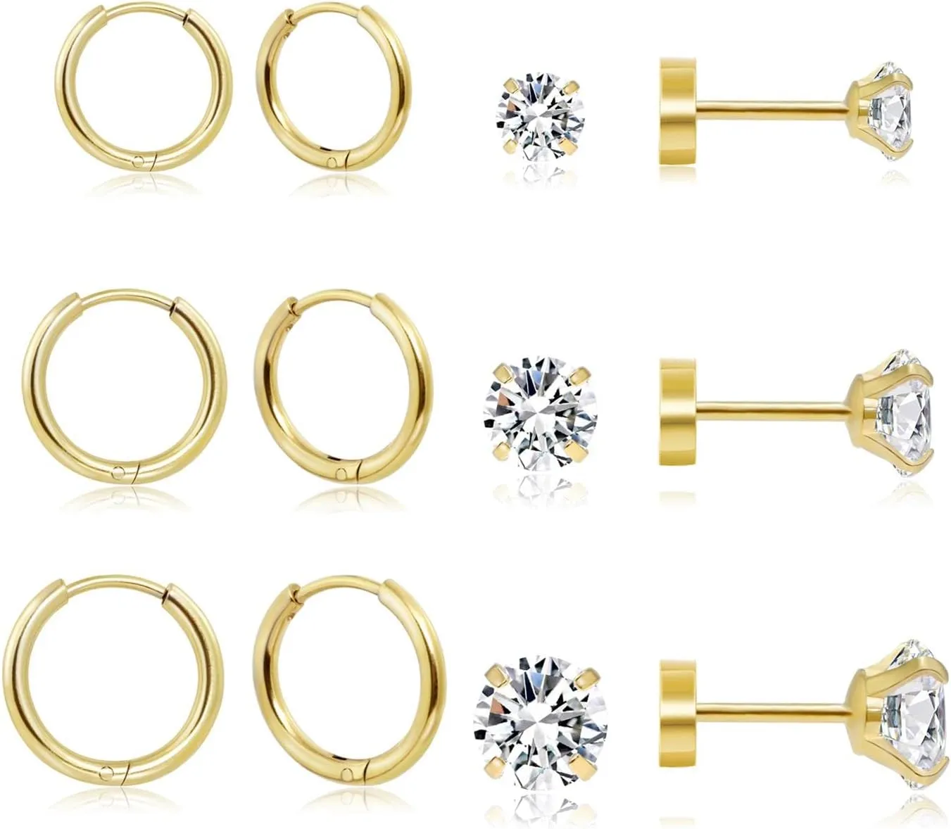 Dainty 6 Pairs Surgical Steel Earrings Sets for Multiple Piercing, Lightweight 14K Gold Plated Small Huggie Hoop Earrings, Flat Back Tiny Ball CZ Stud Earrings for Cartilage, Helix, Lobe, Hypoallergenic