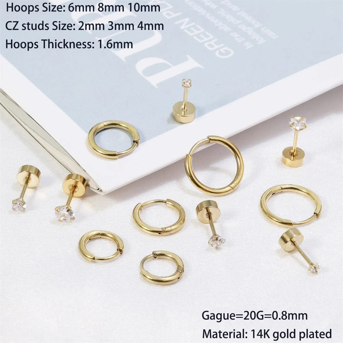 Dainty 6 Pairs Surgical Steel Earrings Sets for Multiple Piercing, Lightweight 14K Gold Plated Small Huggie Hoop Earrings, Flat Back Tiny Ball CZ Stud Earrings for Cartilage, Helix, Lobe, Hypoallergenic