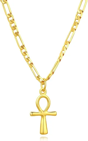 Dainty 925 Sterling Silver Gold Ankh Necklace for Women Men 18k Gold Plated Ankh Pendant Cross Necklace for Women Men with 3.6mm Flat Figaro Chain Necklaces Jewelry Gifts