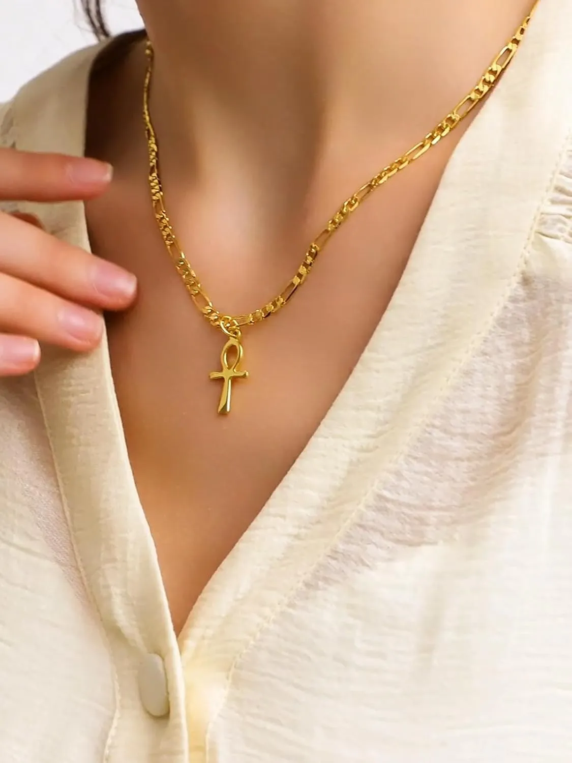 Dainty 925 Sterling Silver Gold Ankh Necklace for Women Men 18k Gold Plated Ankh Pendant Cross Necklace for Women Men with 3.6mm Flat Figaro Chain Necklaces Jewelry Gifts