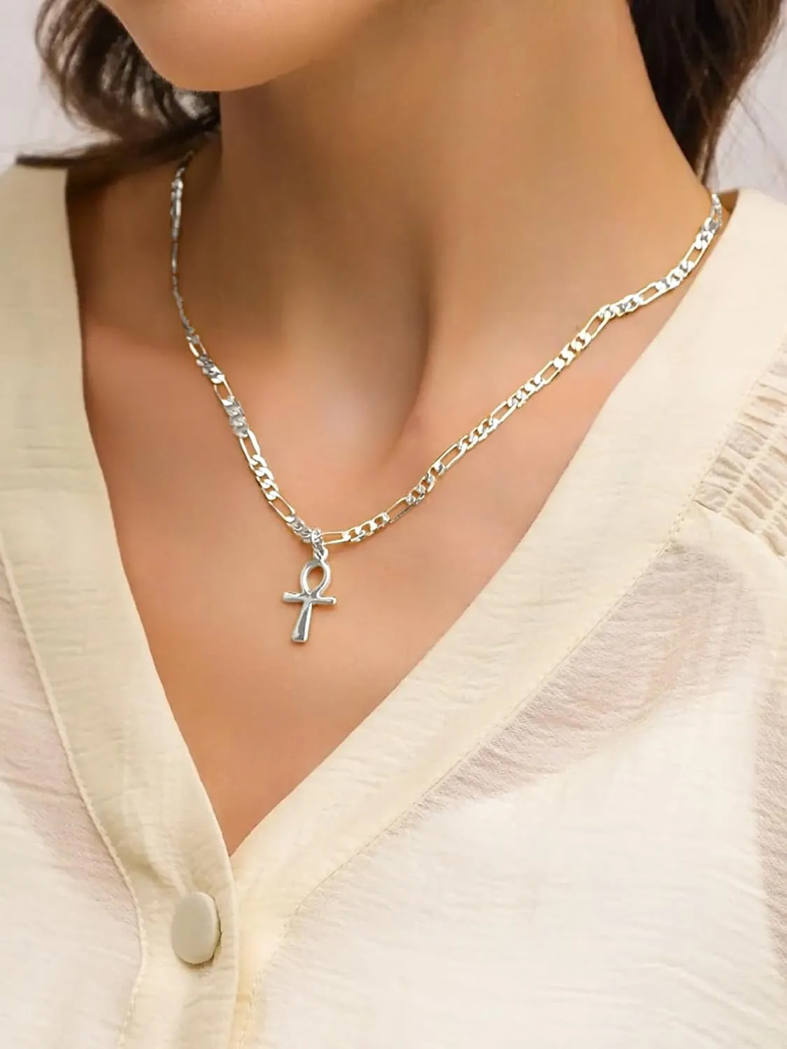 Dainty 925 Sterling Silver Gold Ankh Necklace for Women Men 18k Gold Plated Ankh Pendant Cross Necklace for Women Men with 3.6mm Flat Figaro Chain Necklaces Jewelry Gifts