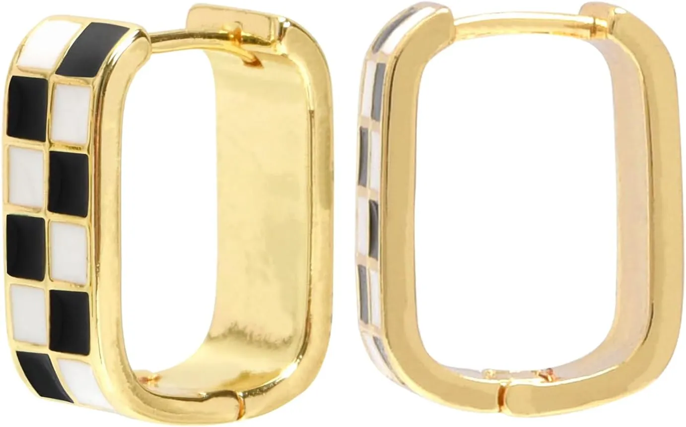 Dainty Checkered Hoop Earrings, 18K Gold Filled Enamel, Chunky Oval Hoops, Hypoallergenic Earrings