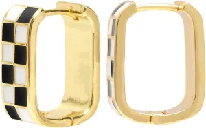 Dainty Checkered Hoop Earrings, 18K Gold Filled Enamel, Chunky Oval Hoops, Hypoallergenic Earrings