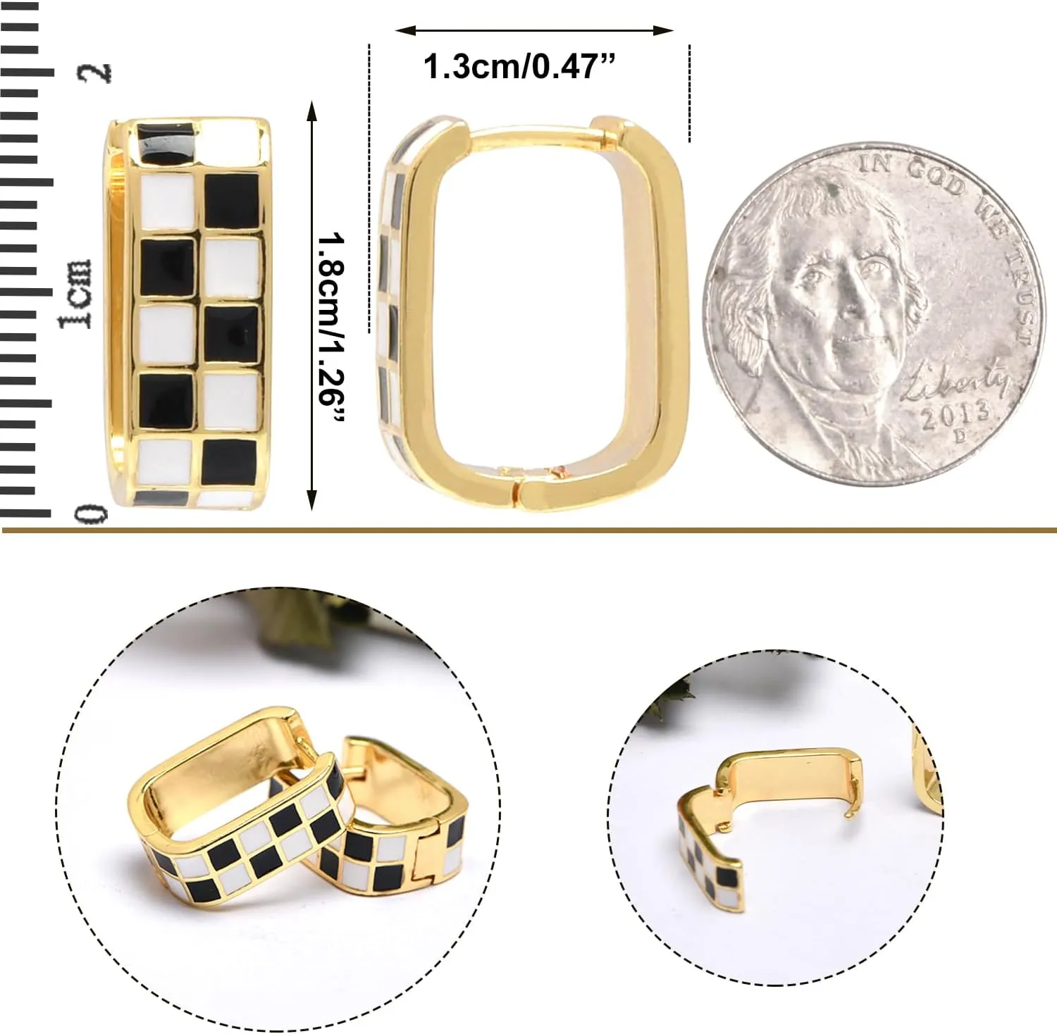 Dainty Checkered Hoop Earrings, 18K Gold Filled Enamel, Chunky Oval Hoops, Hypoallergenic Earrings