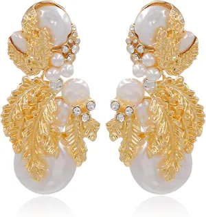 Dainty Gold Pearl Earrings for Women Baroque Pearl Drop Earring 18K Gold Plated Leaf Stud Earrings Wedding Statement Jewelry Gifts