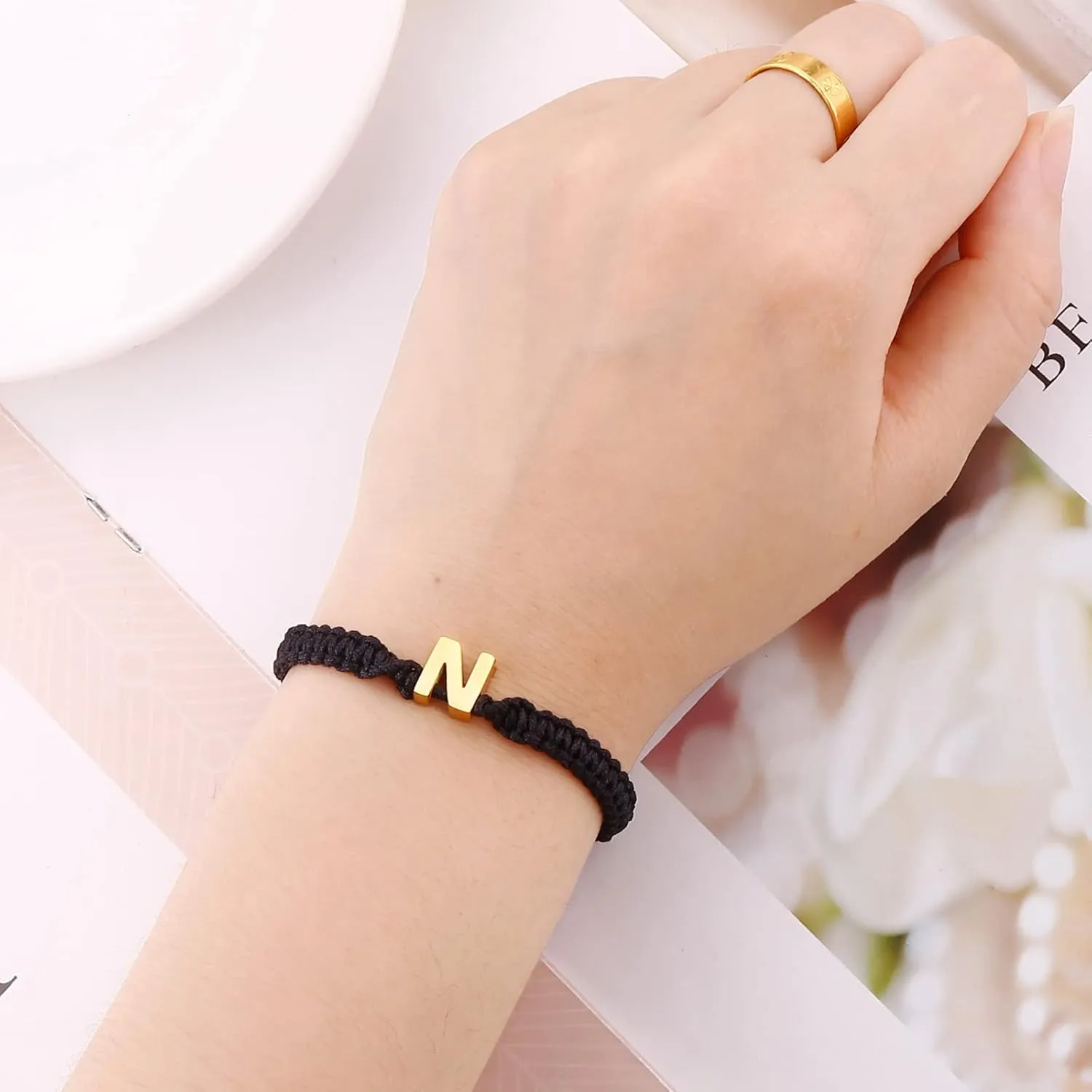 Dainty Stainless Steel Initial A-Z Letter Charm Bracelets for Men Women Teen Girls Handmade Adjustable Rope Braided Jewelry Personalized Birthday Gifts (N-Black)