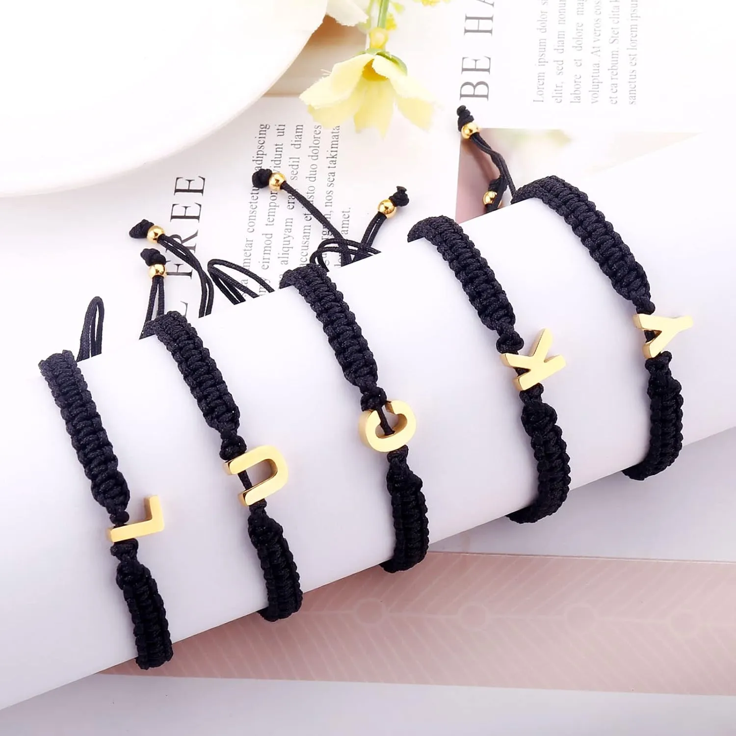 Dainty Stainless Steel Initial A-Z Letter Charm Bracelets for Men Women Teen Girls Handmade Adjustable Rope Braided Jewelry Personalized Birthday Gifts (N-Black)