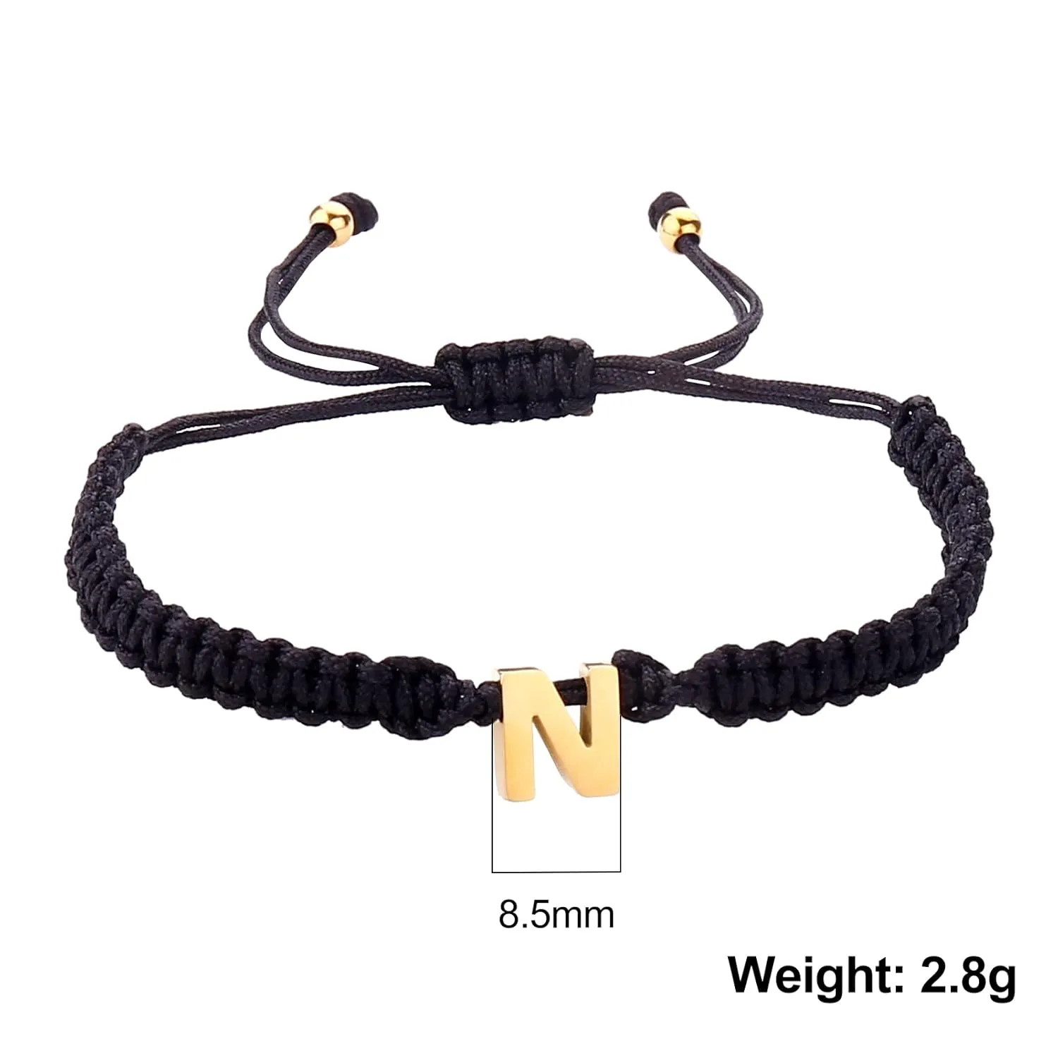 Dainty Stainless Steel Initial A-Z Letter Charm Bracelets for Men Women Teen Girls Handmade Adjustable Rope Braided Jewelry Personalized Birthday Gifts (N-Black)