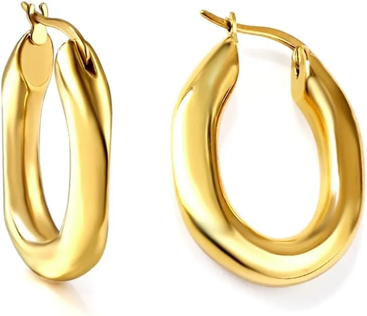 Dainty Thick Chunky Oval Hoop Earrings for Women Fashion Trendy Stainless Steel 14k Gold Plated Minimalist U Shaped Hooped Hypoallergenic 28mm