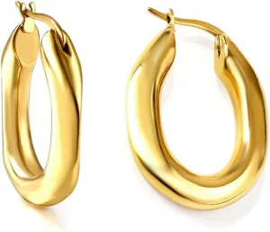 Dainty Thick Chunky Oval Hoop Earrings for Women Fashion Trendy Stainless Steel 14k Gold Plated Minimalist U Shaped Hooped Hypoallergenic 28mm