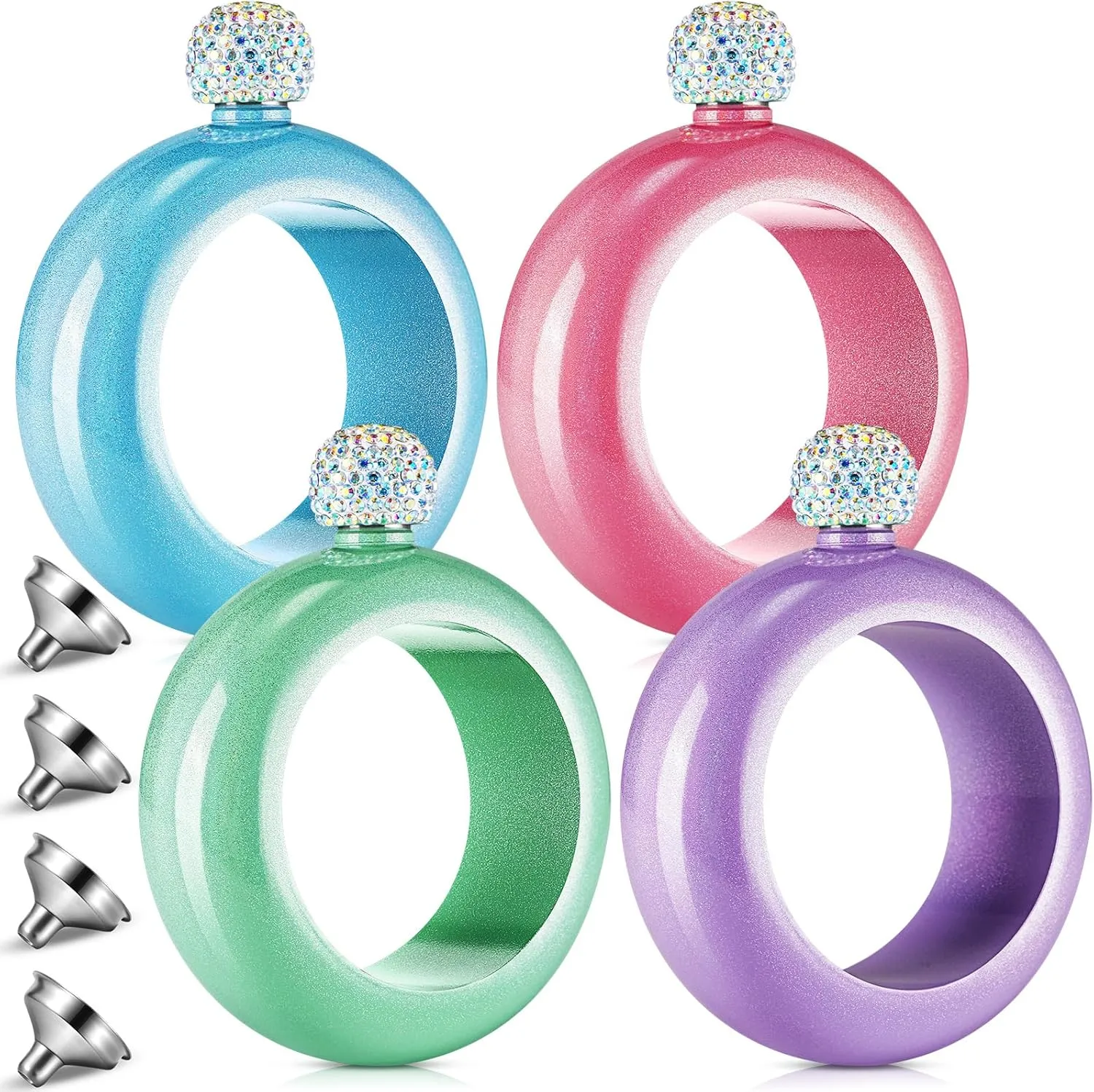 Dandat 4 Pcs Bracelet Bangles for Women with 4 Funnels 3.5 oz Bangle 304 Stainless Steel Bangle for Girls with Lid for Graduation Wedding Gift(Green, Purple, Blue, Pink)
