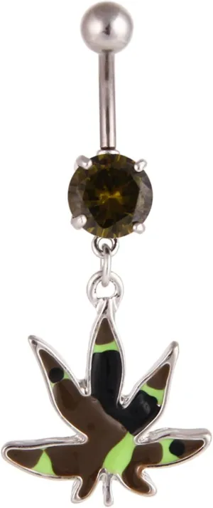 Dangle Navel Ring Stainless Steel, Leaves Shaped Titanium Belly Button Rings Bottom Olive Green Cubic Zirconia Minimal Belly Ring