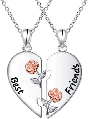 DAOCHONG S925 Sterling Silver Best Friend Couple Bestie Necklaces Heart 2 Piece Women Teen Stitch Friendship BFF Pendant Set for Rose Flower
