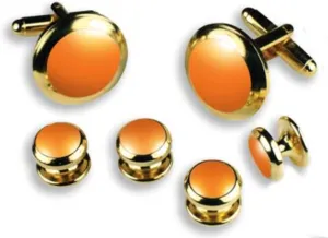 David's Formal Wear Enamel Colored Stone Center Wide Rim Tuxedo Studs and Cuff Links Set in Gold or Silver Trim in Assorted Colors (Orange with Silver Trim), OS