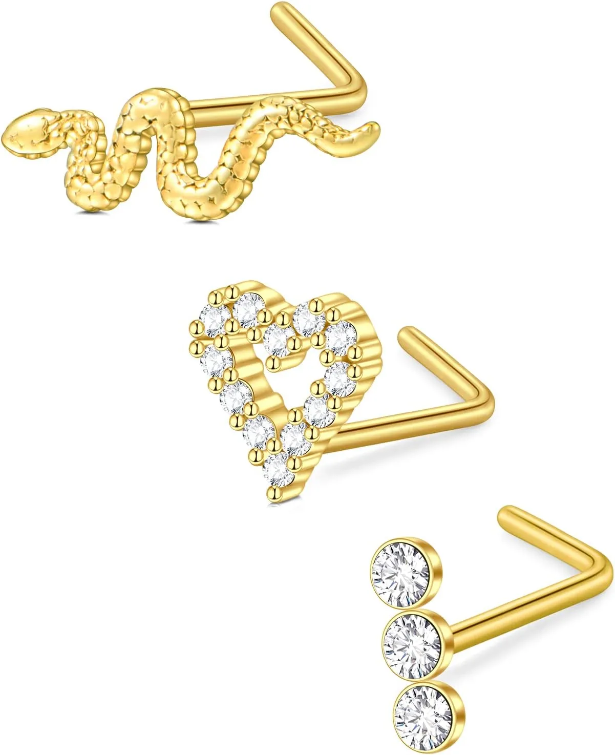 D.Bella 16G 18G 20G 22G L Shaped Nose Studs Surgical Steel 1.5mm 2mm 2.5mm 3mm Clear Colorful Diamond CZ Nose Rings Studs Nose Rings for Women Nose Nostril Piercing Jewerly Silver Gold Rose Gold Black