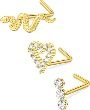D.Bella 16G 18G 20G 22G L Shaped Nose Studs Surgical Steel 1.5mm 2mm 2.5mm 3mm Clear Colorful Diamond CZ Nose Rings Studs Nose Rings for Women Nose Nostril Piercing Jewerly Silver Gold Rose Gold Black