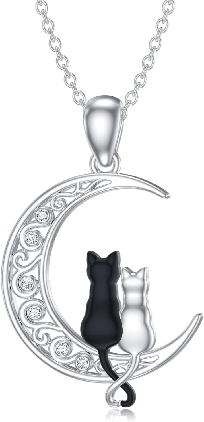 Diamond Black Cat Necklace for Women 925 Sterling Silver Cat on Moon Necklace Pendant Black Cat Jewelry Gifts for Women Mom Wife Girlfriend Daughter Girls