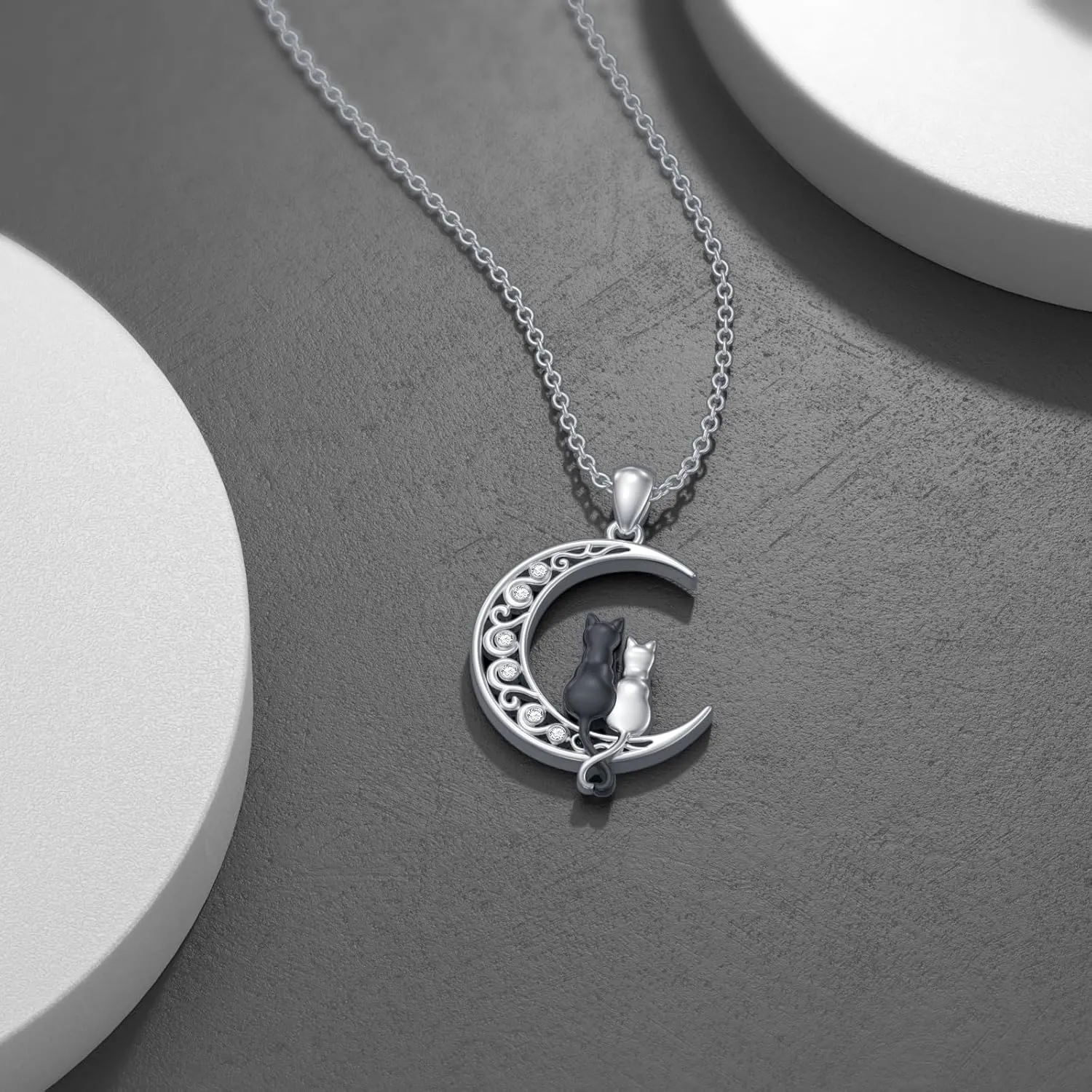 Diamond Black Cat Necklace for Women 925 Sterling Silver Cat on Moon Necklace Pendant Black Cat Jewelry Gifts for Women Mom Wife Girlfriend Daughter Girls