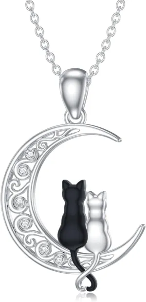 Diamond Black Cat Necklace for Women 925 Sterling Silver Cat on Moon Necklace Pendant Black Cat Jewelry Gifts for Women Mom Wife Girlfriend Daughter Girls